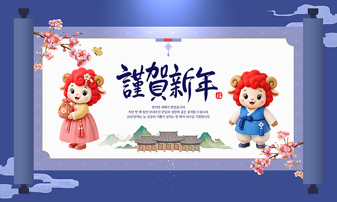편집이미지 캐릭터 전통 문화 한국 새해인사 양 한복 새해복많이받으세요 이미지편집 AI파일 정미년 붉은양 한국전통 아시아 포유류 새해 인사 전통의상 파일형식 벡터 2027년 동물 나라 예절 연도