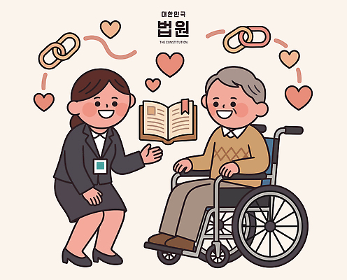 여자 노년 일러스트 대화 사람 책 정보 도움 법률가 휠체어 상담 법 법원 지원 헌법 권리 국내일러스트 AI파일 직업 컨셉 말하기 성인 파일형식 벡터 모션