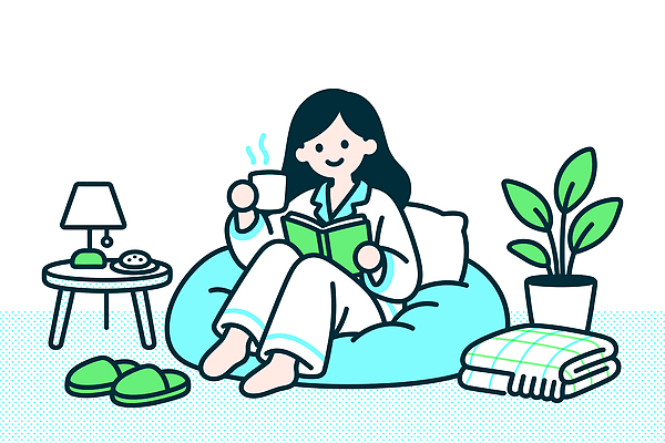 식물 여자 음료 쿠션 일러스트 탁자 휴식 한명 취미 일상 생활 책 독서 방 램프 편안함 담요 자취 국내일러스트 AI파일 1 가구 컨셉 조명 사람 라이프 감각 파일형식 벡터 생활용품 오브젝트