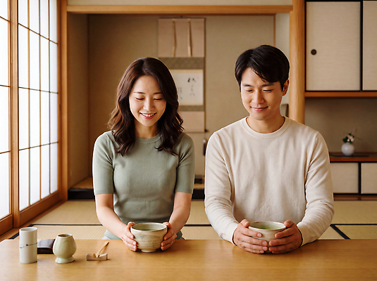 JPG 편집이미지 전통 여자 남자 일본문화 두명 일본 공간 마시기 예절 다도 일본여행 말차 의료성형뷰티 편집실사 AI인물포토 AI콘텐츠 동양문화 아시아 외국문화 해외여행 모션 사람 차 CG 파일형식 AI포토 해외 나라 문화 음료 여행