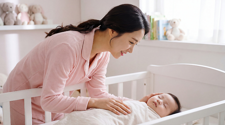 감정 가족 관계 모션 사람 내부 아기용품 침대 감각 CG 파일형식 AI포토 쓰다듬기 잠 아기 엄마 아기침대 방 밝음 부드러움 편안함 실내 부모 사랑 편집실사 JPG 편집이미지 돌봄 육아 AI인물포토 AI콘텐츠 의료성형뷰티