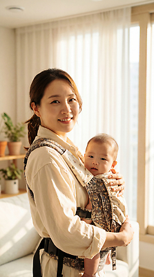 감정 가족 관계 모션 사람 라이프 아기용품 감각 CG 파일형식 AI포토 안기 아기띠 엄마 아기 창문 일상 사랑 따뜻함 편안함 편집실사 JPG 편집이미지 돌봄 육아 AI인물포토 AI콘텐츠 의료성형뷰티
