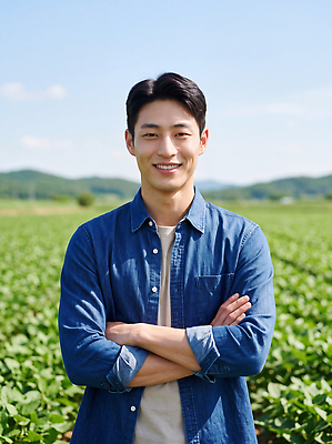 JPG 편집이미지 남자 밭 농업 자연 미소 사람 풍경 청년 초록색 햇빛 농장 농경지 팔짱 농사 의료성형뷰티 청년농부 편집실사 AI인물포토 AI콘텐츠 산업 컬러 모션 표정 성인 빛 농부 CG 생태계 파일형식 AI포토 직업