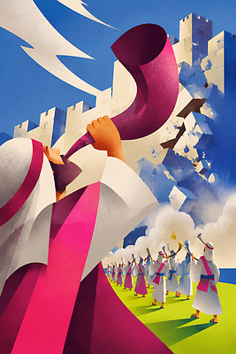 JPG 종교 일러스트 하늘 사람 성경 성 역사 군중 나팔 성경이야기 성벽 행진 무너짐 국내일러스트 AI일러스트 AI콘텐츠 건축물 악기 종교용품 모션 이야기 파일형식 건축 음악 문화예술