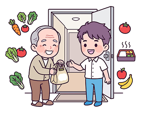 노년 행복 음식 채소 과일 일러스트 친절 대화 웃음 청년 생활 문 마을 도움 배송 노인요양 나눔 소통 돌봄 정성 국내일러스트 AI파일 감정 컨셉 모션 표정 말하기 성인 요양 파일형식 벡터 사람 간호