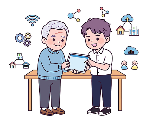 교육 할아버지 노년 일러스트 가족 탁자 기술 대화 태블릿 디지털 기계 교양 도움 연령 친척 노인요양 세대 공유 소통 돌봄 국내일러스트 AI파일 남자 가구 컨셉 관계 모션 말하기 성인 전자제품 스마트기기 요양 파일형식 벡터 생활용품 사람 간호 오브젝트