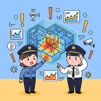 기호 여자 남자 일러스트 그래프 관리 경고 안전 건물 사무실 자료 정보 경찰 토론 스마트 알림 분석 화재 보안 시스템 문제 점검 화재경보기 화재예방 국내일러스트 AI파일 직업 문자 건축물 컨셉 비즈니스 사람 사건 예방 경보기 파일형식 벡터 건축 경보