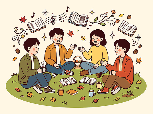 라이프스타일 여자 남자 커피 음악 일러스트 자연 나뭇잎 이야기 대화 책 친구 독서 소풍 정원 모임 자유 가을 분위기 고객 읽기 즐거움 국내일러스트 AI파일 계절 감정 음료 컨셉 잎 관계 모션 문화예술 말하기 사람 생활 야외활동 생태계 파일형식 벡터 식물