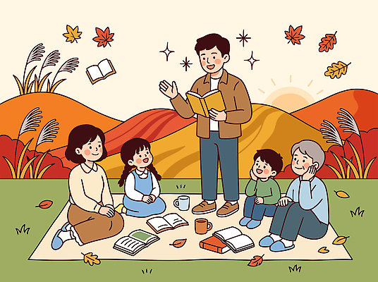 여자 남자 행복 어린이 일러스트 가족 자연 나뭇잎 이야기 성인 책 독서 소풍 모임 가을 그룹 국내일러스트 AI파일 계절 감정 잎 관계 사람 야외활동 생태계 파일형식 벡터 식물