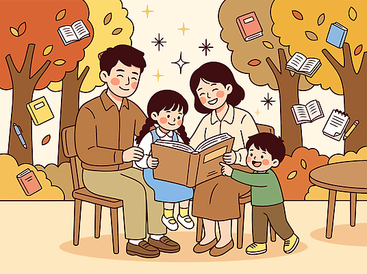 나무 여자 교육 남자 행복 어린이 일러스트 가족 나뭇잎 이야기 책 부모 독서 가을 읽기 즐거움 소통 국내일러스트 AI파일 식물 계절 감정 컨셉 잎 관계 모션 사람 파일형식 벡터