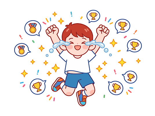 행복 어린이 일러스트 성공 웃음 기쁨 축하 상 메달 눈물 감동 자랑 국내일러스트 AI파일 감정 컨셉 표정 사람 상패 파일형식 벡터 우승 최고