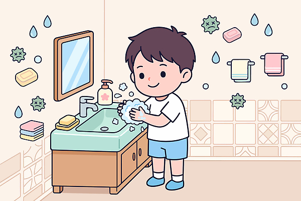 어린이 일러스트 일상 물 수건 청결 욕실 물방울 위생 씻기 감기 세면대 예방 비누 손씻기 코로나바이러스 손소독 국내일러스트 AI파일 자연요소 사람 라이프 위생용품 바이러스 질병 소독 파일형식 벡터 생활용품 의학 생활 오브젝트