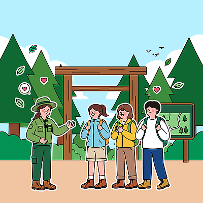 나무 옷 여행 신발 가방 일러스트 가이드 자연 대화 여러명 산책 등산 하이킹 탐험 숲 즐거움 힐링 치유 산림욕 국내일러스트 AI파일 식물 직업 잡화 감정 다수 레저 휴식 말하기 사람 트래킹 생태계 파일형식 벡터 컨셉 모션