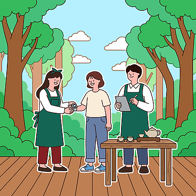 나무 음료 일러스트 자연 탁자 친절 대화 야외 환경 카페 숲 고객 직원 서비스 힐링 치유 산림욕 국내일러스트 AI파일 식물 가구 말하기 상점 생태계 파일형식 벡터 생활용품 모션 오브젝트