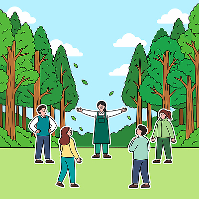 나무 교육 일러스트 자연 협력 설명 잔디 여러명 야외 학습 모임 숲 힐링 치유 산림욕 국내일러스트 AI파일 식물 다수 모션 사람 생태계 파일형식 벡터