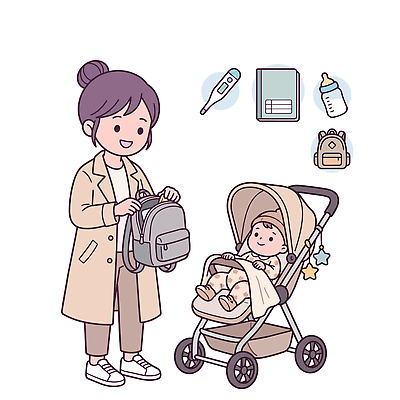 여자 이동 가방 일러스트 배낭 엄마 일상 생활 공책 아기용품 아기 젖병 온도계 외출 준비 유모차 국내일러스트 AI파일 잡화 컨셉 가족 문구용품 사람 라이프 오브젝트 파일형식 벡터 관계