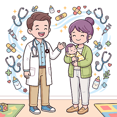 행복 일러스트 의학 건강 병원 미소 부모 육아 의사 아기 상담 소아과 보호자 상담실 예방접종 국내일러스트 AI파일 감정 가족 표정 사람 의료진 접종 파일형식 벡터 직업 관계