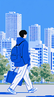 JPG 남자 일러스트 배낭 거리 사람 풍경 빌딩 일상 파란색 걷기 도시 국내일러스트 AI일러스트 AI콘텐츠 컬러 가방 모션 건물 라이프 파일형식 건축물 잡화 생활 건축