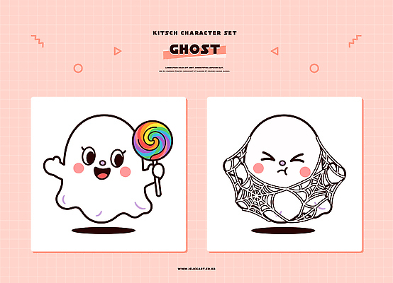 캐릭터 디자인 포즈 일러스트 사탕 웃음 세트 귀여움 할로윈 유령 거미줄 불쌍 키치 일러캐릭터 AI파일 감정 컨셉 디저트 표정 파일형식 벡터 음식