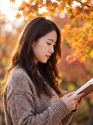 JPG 편집이미지 여자 단풍 자연 한명 풍경 책 독서 햇빛 가을 집중 읽기 관심 의료성형뷰티 편집실사 AI인물포토 AI콘텐츠 1 계절 컨셉 잎 모션 사람 빛 CG 생태계 파일형식 AI포토 식물