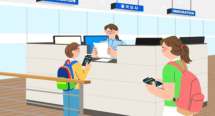 해외여행 여행 이동 일러스트 가족 청소년 부모 자녀 공항 직원 확인 서비스 문서 보안 여권 판결 순서 체크인 국내일러스트 AI파일 해외 컨셉 관계 교통시설 안전 사람 파일형식 벡터 교통 시설