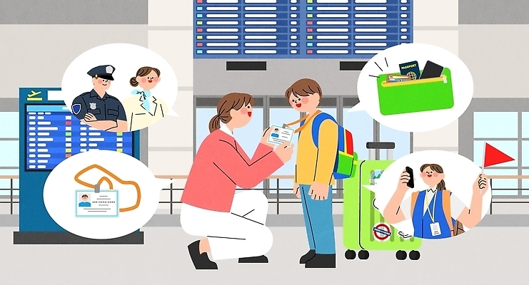 해외여행 여행 일러스트 청소년 대화 경비 안전 여행객 짐 경찰 공항 직원 확인 서비스 검색 보안 여권 순서 신분증 짐가방 체크인 터미널 국내일러스트 AI파일 직업 해외 가방 교통시설 말하기 사람 보호 증명서 파일형식 벡터 잡화 교통 컨셉 모션 시설