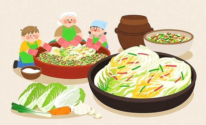 전통 문화 어린이 음식 채소 일러스트 재료 가족 협력 김치 한국 요리 성인 배추 준비 김장 손질 국내일러스트 AI파일 아시아 한식 관계 사람 파일형식 벡터 나라