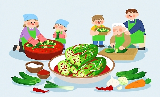 전통 할머니 음식 채소 일러스트 재료 가족 고추 오이 함께함 건강 웃음 마을 모임 수확 즐거움 배추 준비 만들기 김장 국내일러스트 AI파일 여자 노년 감정 컨셉 농업 관계 모션 표정 파일형식 벡터 산업 사람 성인