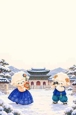JPG 전통 옷 패션 문화 겨울 일러스트 새해 사람 풍경 건물 친구 카메라 귀여움 촬영 눈 양 한복 즐거움 국내일러스트 AI일러스트 AI콘텐츠 정미년 한국전통 건축물 계절 감정 컨셉 포유류 관계 전자제품 전통의상 파일형식 2027년 동물 건축 한국 연도 아시아 나라