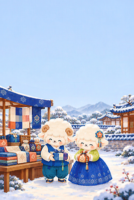 JPG 전통 옷 행복 겨울 일러스트 새해 산 한옥 선물 사랑 풍경 친구 눈 양 시장 한복 즐거움 오브젝트 기념품 국내일러스트 AI일러스트 AI콘텐츠 정미년 한국전통 계절 감정 고건축 포유류 관계 전통의상 파일형식 2027년 동물 건축물 한국 연도 건축 아시아 나라