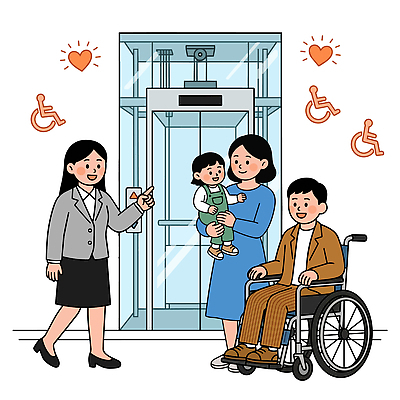 여자 남자 어린이 일러스트 가족 미소 안전 도움 사회 장애인 엘리베이터 휠체어 공감 국내일러스트 AI파일 컨셉 관계 표정 사람 장애 공동체 파일형식 벡터