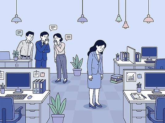 가구 회사 비즈니스 관계 말하기 사람 전자제품 작업 학대 파일형식 벡터 사무실 여자 동료 대화 혼자 업무 조명 식물 책상 컴퓨터 직장 소외감 일러스트 국내일러스트 AI파일 직원 가스라이팅