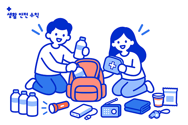 여자 남자 가방 일러스트 안전 야외 생활 수건 손전등 구급상자 호루라기 물병 오브젝트 준비 라디오 생활안전 안전수칙 정리 보배 소지품 컵라면 생존가방 국내일러스트 AI파일 잡화 조명 사람 전자제품 위생용품 라면 의료용품 물통 약어 파일형식 벡터 음식 생활용품 의료기기 면류 의학