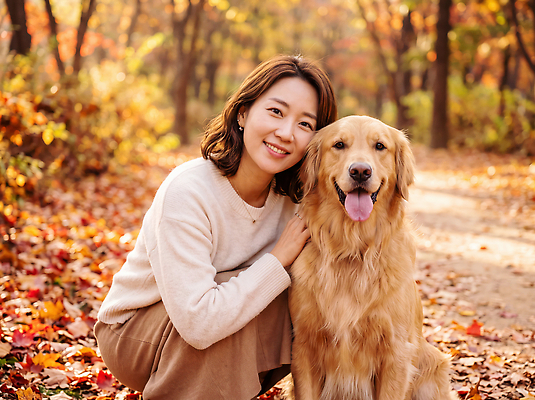 JPG 나무 편집이미지 여자 행복 길 단풍 자연 나뭇잎 함께함 표정 반려동물 산책 가을 개 리트리버 의료성형뷰티 편집실사 AI인물포토 AI콘텐츠 식물 동물 계절 감정 컨셉 잎 포유류 휴식 사람 CG 생태계 파일형식 AI포토