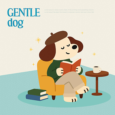 행복 커피 일러스트 휴식 실내 대화 책 반려동물 소파 독서 가을 침대 개 강아지 포근함 편안함 즐거움 신사 국내일러스트 AI파일 동물 계절 감정 음료 가구 컨셉 의자 포유류 말하기 내부 감각 파일형식 벡터 생활용품 모션 오브젝트