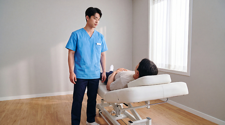 JPG 편집이미지 남자 의학 건강 병원 치료 진료 환자 의사 상담 클리닉 물리치료사 진료대 의료성형뷰티 편집실사 AI인물포토 AI콘텐츠 사람 의료진 CG 치료사 파일형식 AI포토 직업
