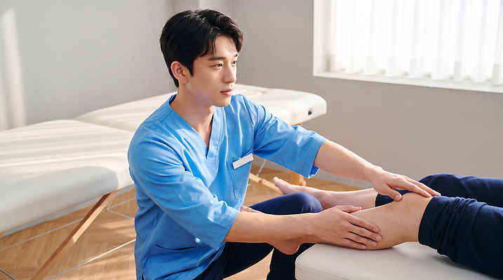 JPG 편집이미지 직업 남자 건강 치료 진료 환자 상처 무릎 물리치료 물리치료사 재활 전문 회복 의료성형뷰티 편집실사 AI인물포토 AI콘텐츠 컨셉 의학 사람 신체부위 CG 치료사 파일형식 AI포토
