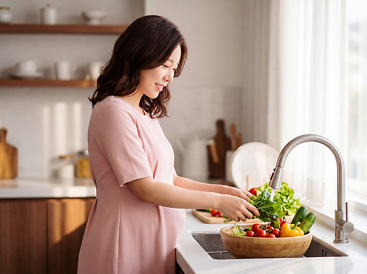JPG 편집이미지 여자 채소 재료 건강 요리 생활 주방 임산부 신선 씻기 준비 의료성형뷰티 편집실사 AI인물포토 AI콘텐츠 사람 청결 임신 CG 파일형식 AI포토 위생