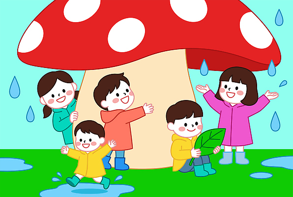 어린이 일러스트 가족 자연 놀이 나뭇잎 웃음 야외 친구 소풍 버섯 탐험 비 즐거움 웅덩이 우비 국내일러스트 AI파일 자연요소 옷 감정 잎 관계 날씨 표정 사람 야외활동 생태계 파일형식 벡터 식물