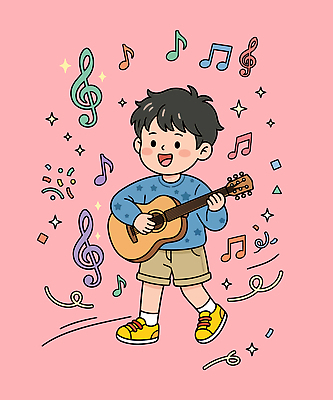 행복 어린이 예술 악기 음악 연주 음표 일러스트 노래 소년 기타 즐거움 리듬 창작 국내일러스트 AI파일 기호 남자 감정 현악기 문화예술 사람 파일형식 벡터 문자