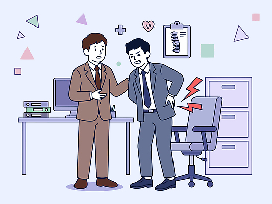 남자 일러스트 의학 스트레스 병원 관리 치료 컴퓨터 사무실 고통 작업 도움 상처 허리 책상 동료 괴로움 문제 허리디스크 허리통증 국내일러스트 AI파일 감정 가구 컨셉 비즈니스 관계 사람 신체부위 전자제품 디스크 파일형식 벡터 생활용품 질병 오브젝트