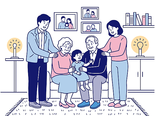 여자 할아버지 남자 행복 할머니 거실 일러스트 가족 함께함 따뜻함 대화 사랑 웃음 모임 기록 손주 방문 교류 소통 국내일러스트 AI파일 노년 감정 컨셉 관계 표정 말하기 사람 파일형식 벡터 모션 성인