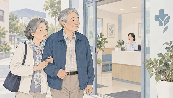 JPG 부부 여자 노년 남자 행복 일러스트 건강 병원 일상 치료 걷기 건강관리 손잡기 복도 직원 서비스 상담 방문 예방접종 좋음 시니어보험 국내일러스트 AI일러스트 AI콘텐츠 커플 감정 컨셉 의학 모션 관리 사람 성인 라이프 보험 접종 파일형식 관계 생활