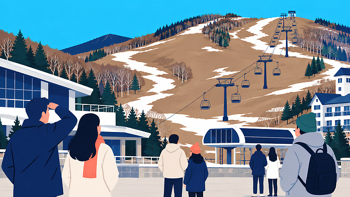 JPG 여행 겨울 일러스트 자연 리조트 바람 산 여러명 눈 즐거움 방문 지구온난화 케이블카 기후변화 국내일러스트 AI일러스트 AI콘텐츠 녹이기 자연요소 계절 감정 다수 모션 날씨 사람 변화 생태계 파일형식 컨셉