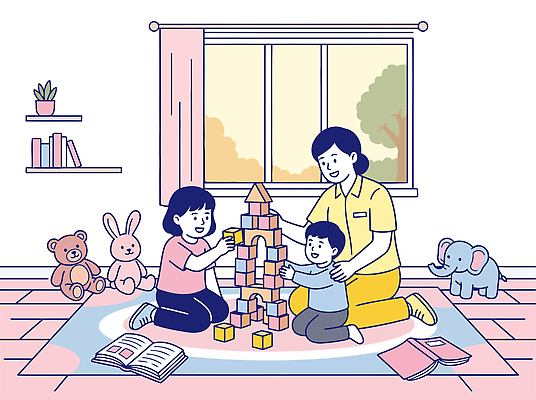 모양 나무 교육 창 어린이 일러스트 가족 놀이 실내 책 부모 장난감 쌓기 블록 공간 즐거움 돌봄 국내일러스트 AI파일 식물 감정 관계 모션 사람 내부 파일형식 벡터