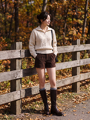 JPG 나무 편집이미지 여자 패션 낙엽 반바지 자연 울타리 가을 숲 니삭스 스웨터 의료성형뷰티 편집실사 AI인물포토 AI콘텐츠 식물 계절 상의 잎 바지 양말 사람 담장 CG 생태계 파일형식 AI포토 옷 하의