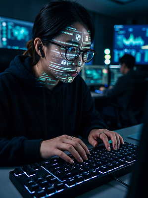 JPG 편집이미지 조명 기술 사람 컴퓨터 사무실 반사 디지털 스크린 자료 키보드 작업 보안 프로그래밍 의료성형뷰티 편집실사 AI인물포토 AI콘텐츠 비즈니스 안전 전자제품 CG 개발 파일형식 AI포토