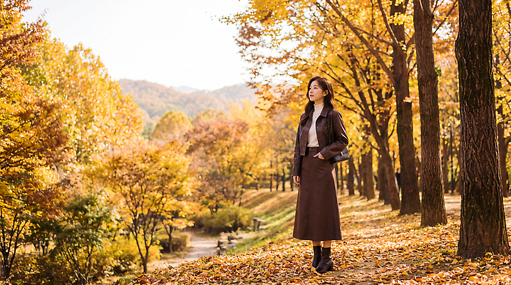 JPG 나무 편집이미지 공원 여자 자연 나뭇잎 풍경 노란색 주황색 산책로 가을 떨어짐 의료성형뷰티 편집실사 AI인물포토 AI콘텐츠 식물 계절 공공시설 길 컬러 컨셉 잎 사람 CG 생태계 파일형식 AI포토 시설