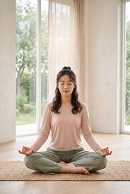 JPG 편집이미지 손 여자 포즈 요가 창문 실내 앉기 일상 눈감음 매트 호흡 집중 수련 명상 무릎 의료성형뷰티 편집실사 AI인물포토 AI콘텐츠 웰빙 컨셉 모션 사람 내부 라이프 신체부위 CG 파일형식 AI포토 생활