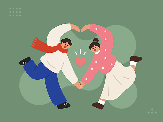 커플 여자 남자 일러스트 사랑 사람 두명 손잡기 하트 마음 흰옷 팔 초록배경 국내일러스트 AI파일 모양 옷 감정 관계 모션 신체부위 초록색 파일형식 벡터 컬러